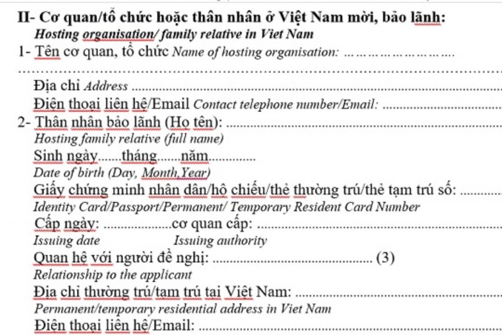 Thông tin cơ quan/tổ chức hoặc thân nhân ở Việt Nam mời, bảo lãnh